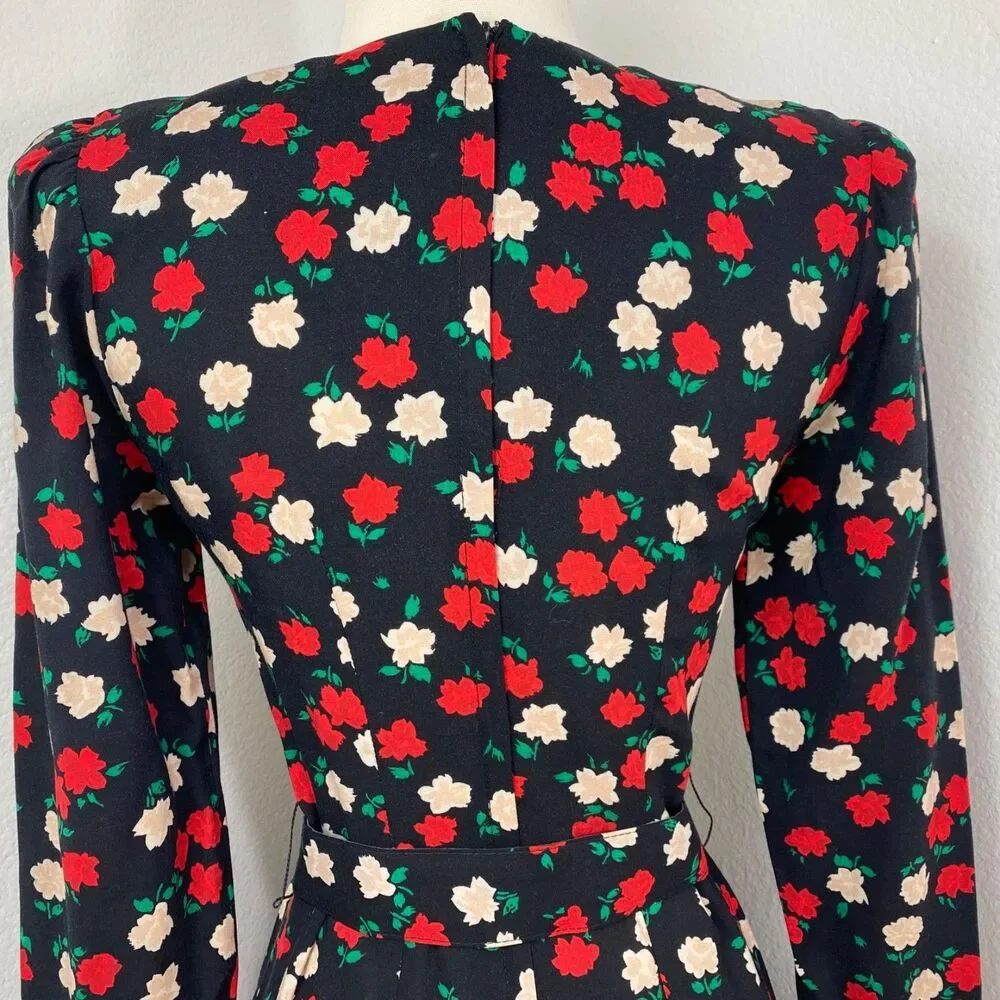 Vtg 80 Drop Waist Layered Skirt Floral Rayon Dress Small Long Sleeve Belt Modest